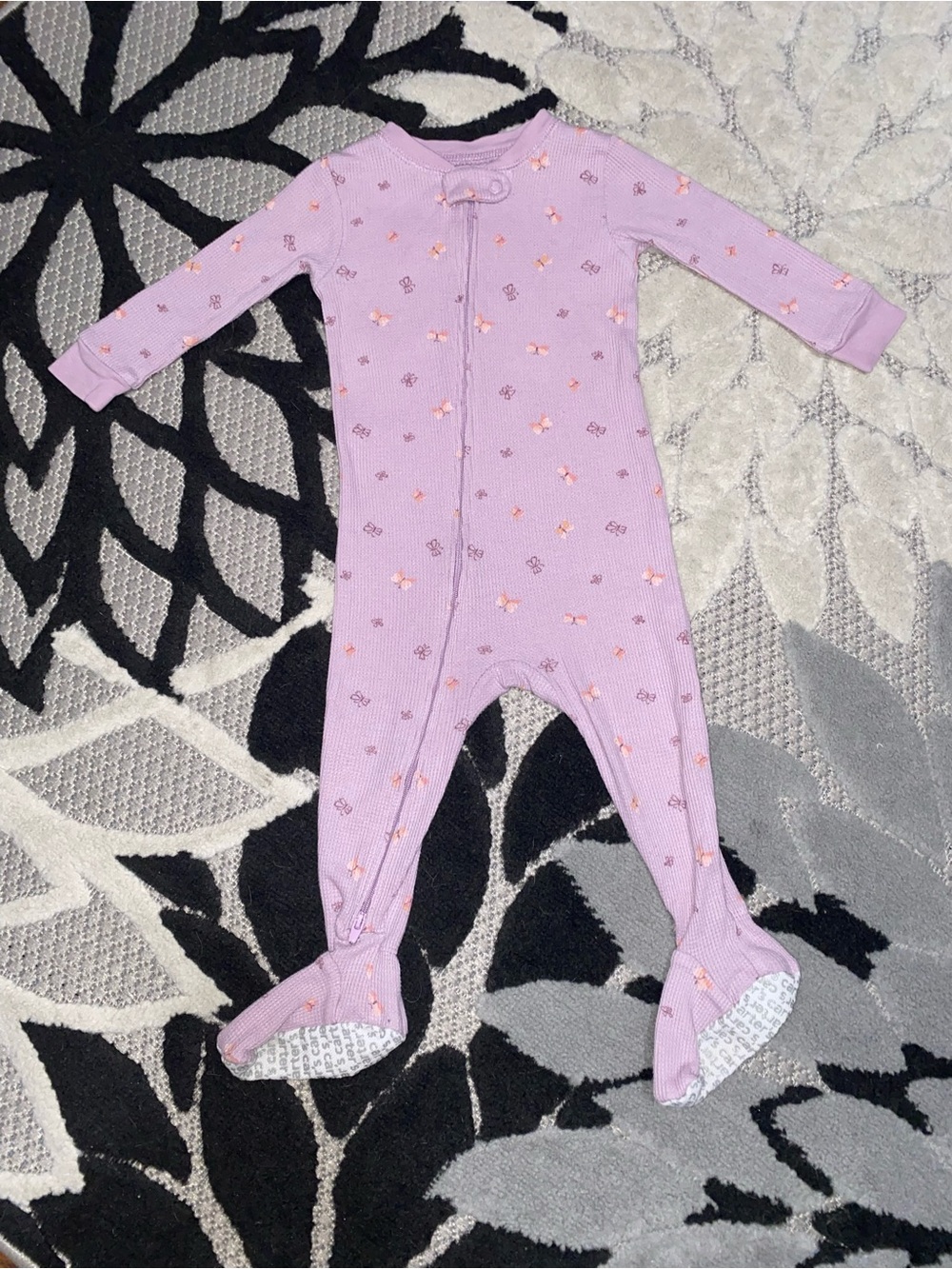 Carter's Lavender Footed Thermal Pajama Pink Butterflies 12 Months 2 Way Zipper